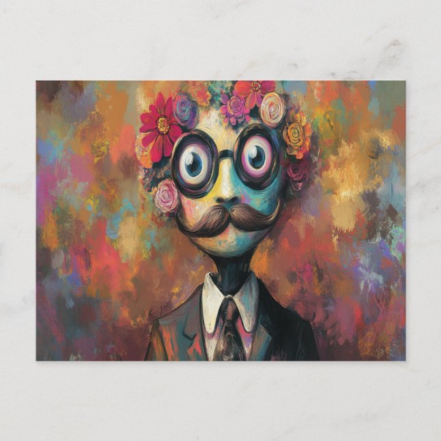 Cartão Postal Humanoide Whimsso com Olhos Grandes e Cabelos Flor (Frente)