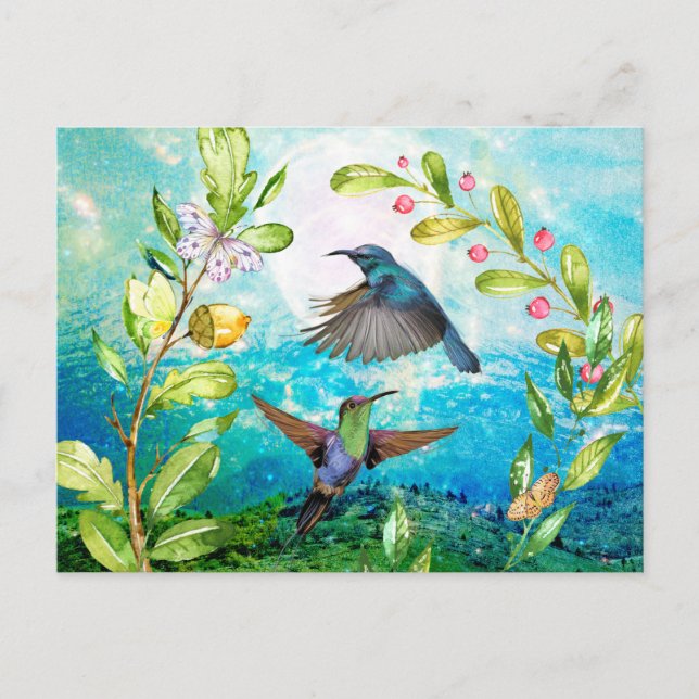 Cartão Postal Hummingbird Cena de Aquarela Natureza Arte Floral (Frente)