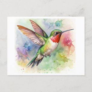 Cartão Postal Hummingbird com garganta de rubi em repouso Aquare