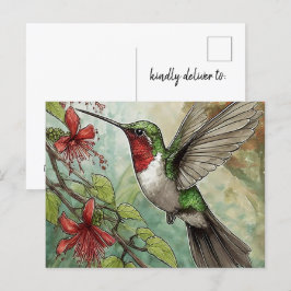 Cartão Postal Hummingbird em Voo com Vinha de Trompete Vermelha