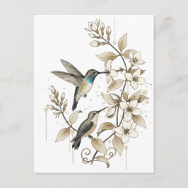 Cartão Postal Hummingbird & Floral Postcard - Watercolor Art