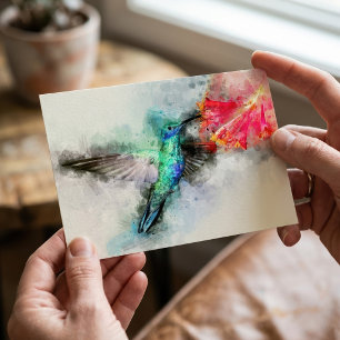 Cartão Postal Hummingbird voando com flor Watercolor - 01