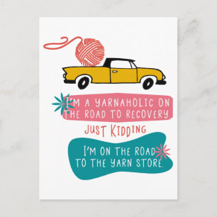 Cartão Postal Humor de Tricô Yarnaholic com Caminhão Retro e Fio