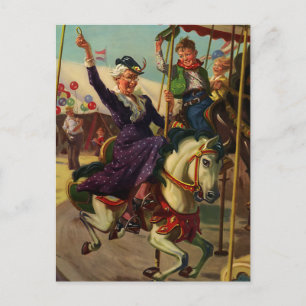 Cartão Postal Humor Vintage, vovó em um Cavalo de Feliz-volta C
