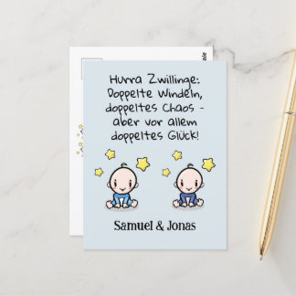 Cartão Postal Hurra Zwillinge, Glückwunsch Geburt, mit Namen,