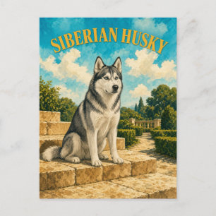 Cartão Postal Husky Siberiano, Arte de Cachorro em Aquarela Vint