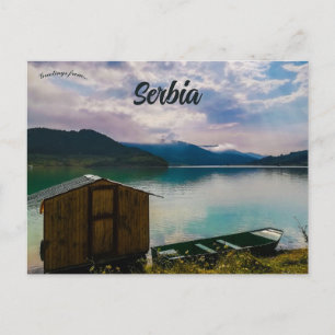 Cartão Postal Hut e Boat no lago Zavoj Sérvia