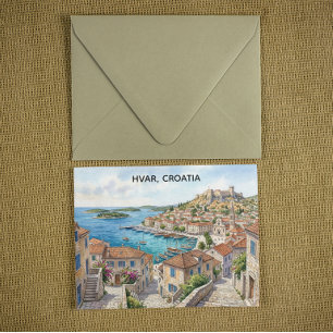Cartão Postal Hvar Croácia Vista Panorâmica Aquarela Viagem