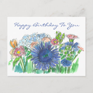 Cartão Postal Hydrangea Daisy Watercolor Flowers Feliz Aniversár