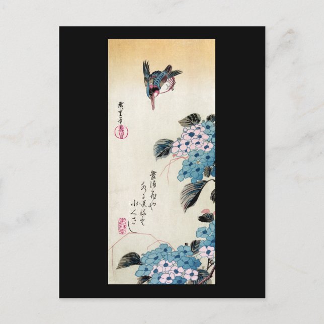 Cartão Postal Hydrangea e Kingfisher, Ando Hiroshige (Frente)