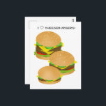 Cartão Postal I Love Cheeseburgers<br><div class="desc">* National Cheeseburger Day is observed on September 18th. * Legend has it that at teenager, Lionel Sternberger, while working at his father's diner, accidently dropped a slice of cheese on a sizzling burger, created the cheeseburger. * The three burgers (Double Decker Hamburger, Regular Cheeseburger and Kiddie Burger) are separate...</div>