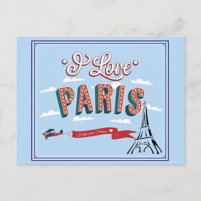 Cartão Postal I Love Paris France Eiffel Tower Viagem (Frente)