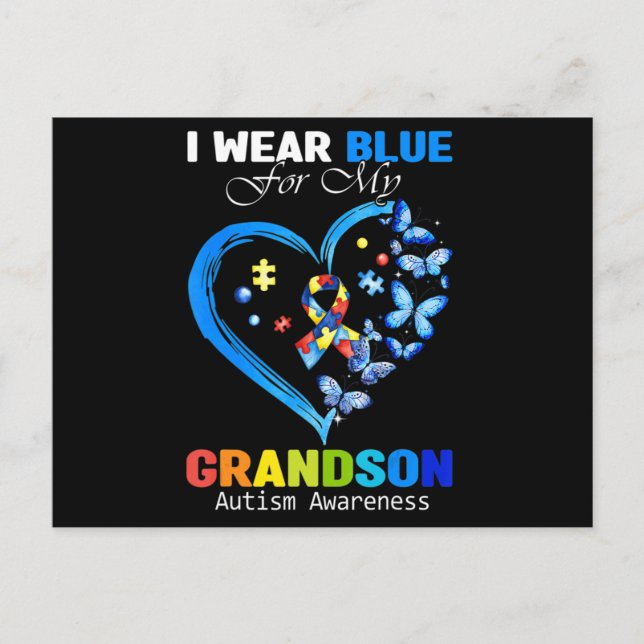 Cartão Postal I Wear Blue For My Grandson Autism Awareness Heart (Frente)