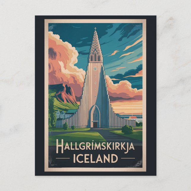Cartão Postal Iceland Hallgrimskirkja Illustration Travel Art (Frente)