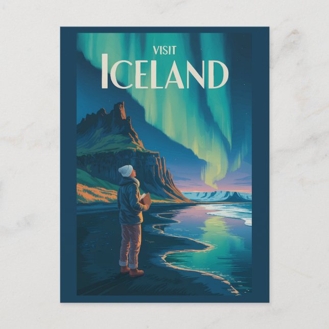Cartão Postal Iceland Northern Lights Illustration Travel Art Vi (Frente)