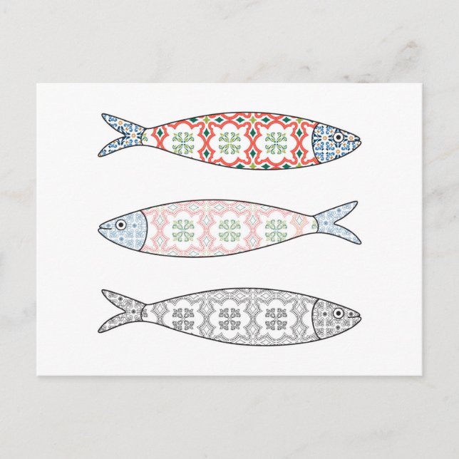 Cartão Postal Ícone tradicional português. Sardinhas coloridas (Frente)