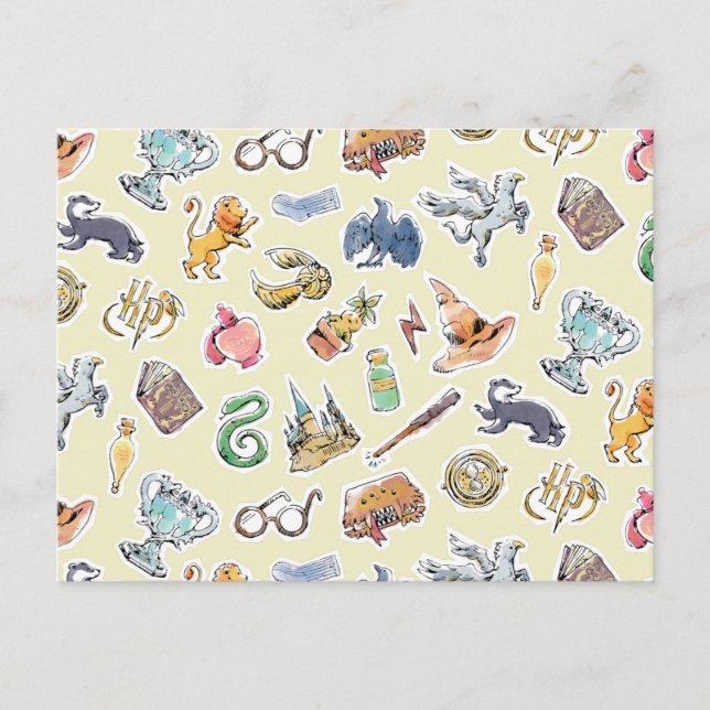 Cartão Postal Ícones de Harry Potter em Aquarela (Frente)