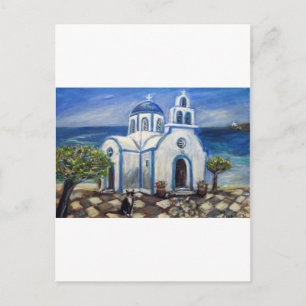 Cartão Postal Igreja do Gato Tuxedo na pintura da ilha grega