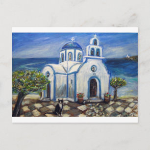 Cartão Postal Igreja do Gato Tuxedo na pintura da ilha grega