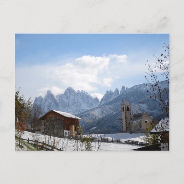 Cartão Postal Igreja dos Dolomitas no inverno (Frente)