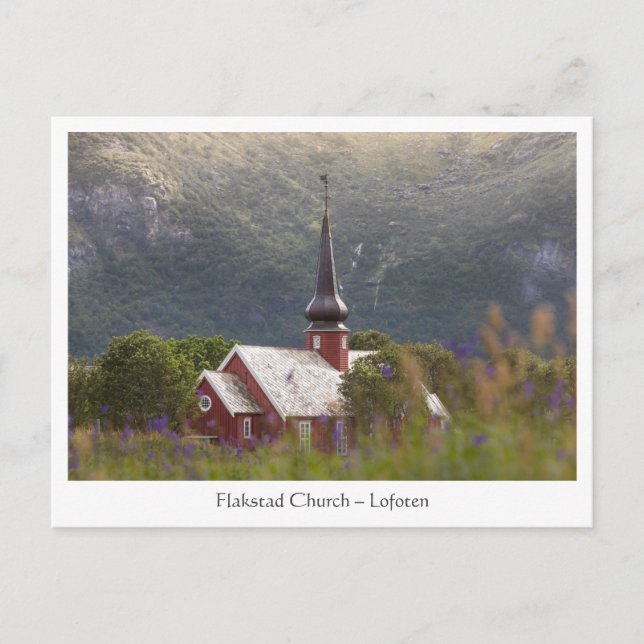 Cartão Postal Igreja Flakstad das Ilhas Lofoten (Frente)