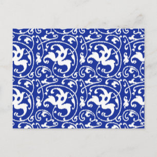 Cartão Postal Ikat Floral Damask - Cobalto Azul e Branco