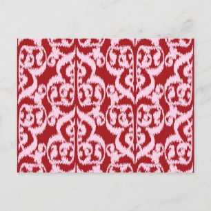 Cartão Postal Ikat Moorish Damask - vermelho escuro e rosa