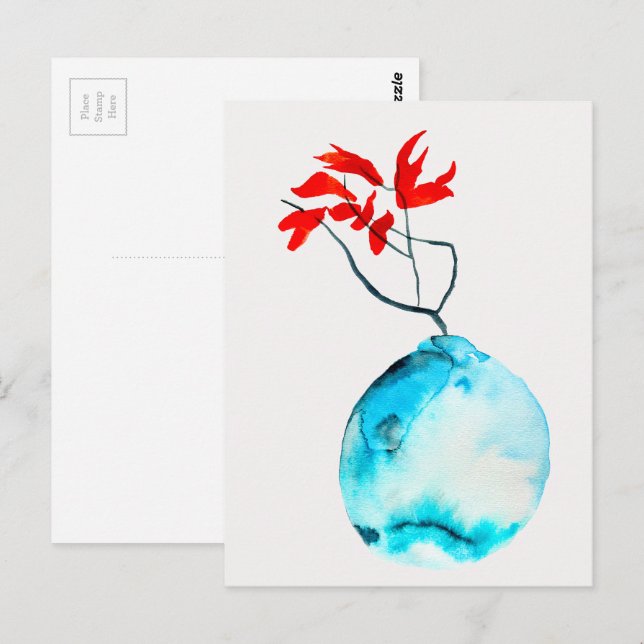 Cartão Postal Ikebana Blue Vase watercolor art (Frente/Verso)
