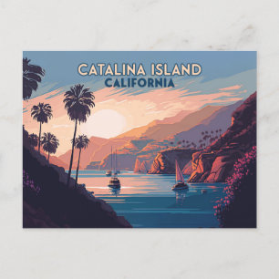 Cartão Postal Ilha Catalina California Boats Sunset Retro