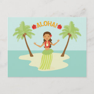 Cartão Postal Ilha de Luau Palm Trees, Garota Hula Gota do Havaí