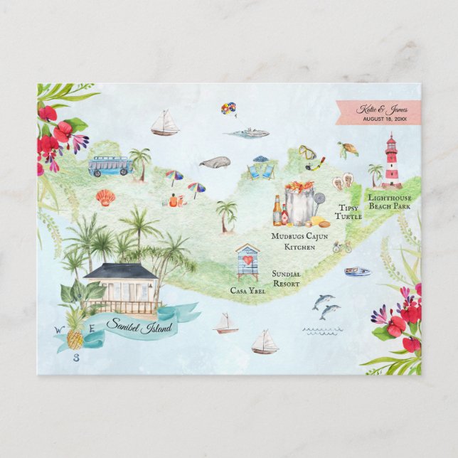 Cartão Postal Ilha de Sanibel | Mapa do Itinerário de Casamento  (Frente)