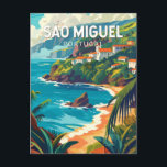Cartão Postal Ilha de São Miguel Portugal Viagem Art<br><div class="desc">Sao Miguel Island,  retro vetor viagem design. É conhecida pela sua paisagem vulcânica,  pela sua flora e pela sua rica vida marinha,  incluindo as baleias.</div>