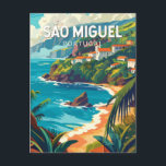 Cartão Postal Ilha de São Miguel Portugal Viagem Art<br><div class="desc">Sao Miguel Island,  retro vetor viagem design. É conhecida pela sua paisagem vulcânica,  pela sua flora e pela sua rica vida marinha,  incluindo as baleias.</div>