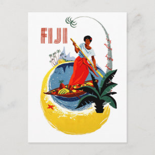 Cartão Postal Ilha Fiji, homem num pequeno barco