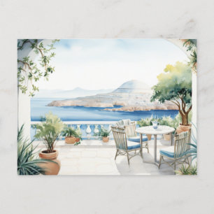 Cartão Postal Ilha Grega Idílica: Impressão de Arte em Aquarela