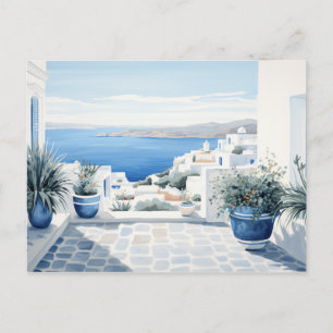 Cartão Postal Ilha Grega Idílica: Impressão de Arte em Aquarela