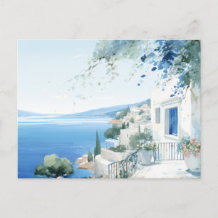 Cartão Postal Ilha Grega Idílica: Impressão de Arte em Aquarela