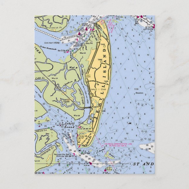 Cartão Postal Ilha Jekyll Geórgia Mapa Antigo (Frente)