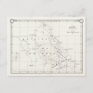 Cartão Postal Ilha Oahu, Havaí, Mapa Vintage 1887