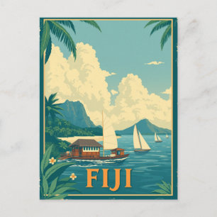 Cartão Postal Ilha Tropical Fijiana Praia Retro