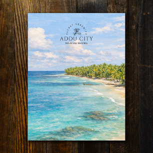 Cartão Postal Ilhas Maldivas Cidade de Addu   Praia em Aquarela