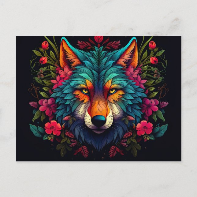 Cartão Postal Illustration eines mystischen Wolfes mit Blumen (Frente)