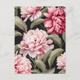 Cartão Postal Illustration pink peony flowers with green leaves