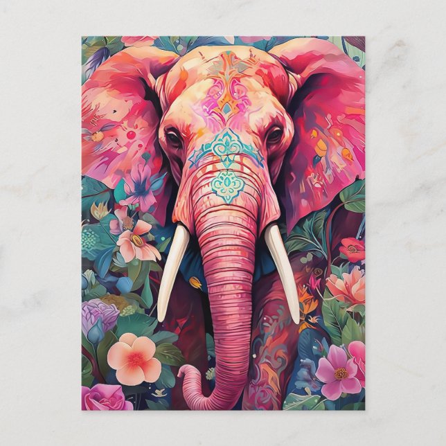 Cartão Postal Illustration pinker Elefant mit Blumen (Frente)