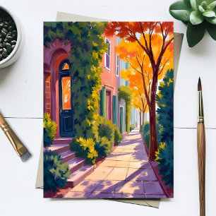 Cartão Postal Iluminação da Rua da Cidade de Outono Aquarela d