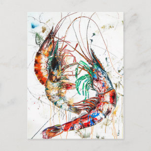Cartão Postal Ilustração Abstrata de Camarão em Aquarela