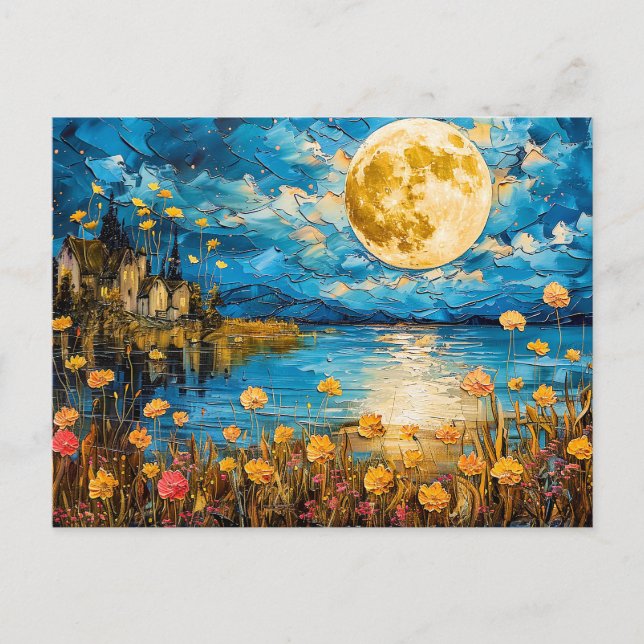 Cartão Postal Ilustração abstrata em aquarela da lua cheia refl (Frente)