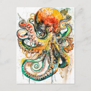 Cartão Postal Ilustração Abstrata em Aquarela de um Polvo