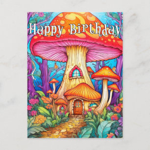 Cartão Postal Ilustração Adorável e Criativa de Casa de Cogumelo