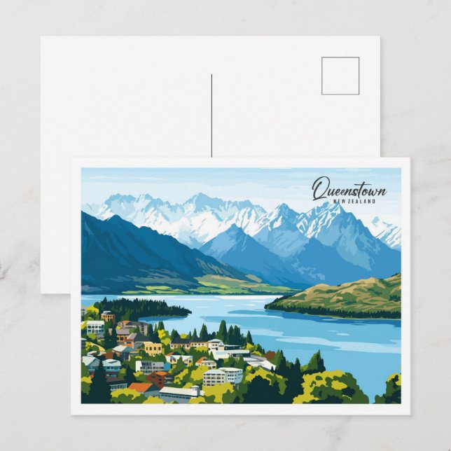 Cartão Postal Ilustração Aerial Queenstown Nova Zelândia (Frente/Verso)